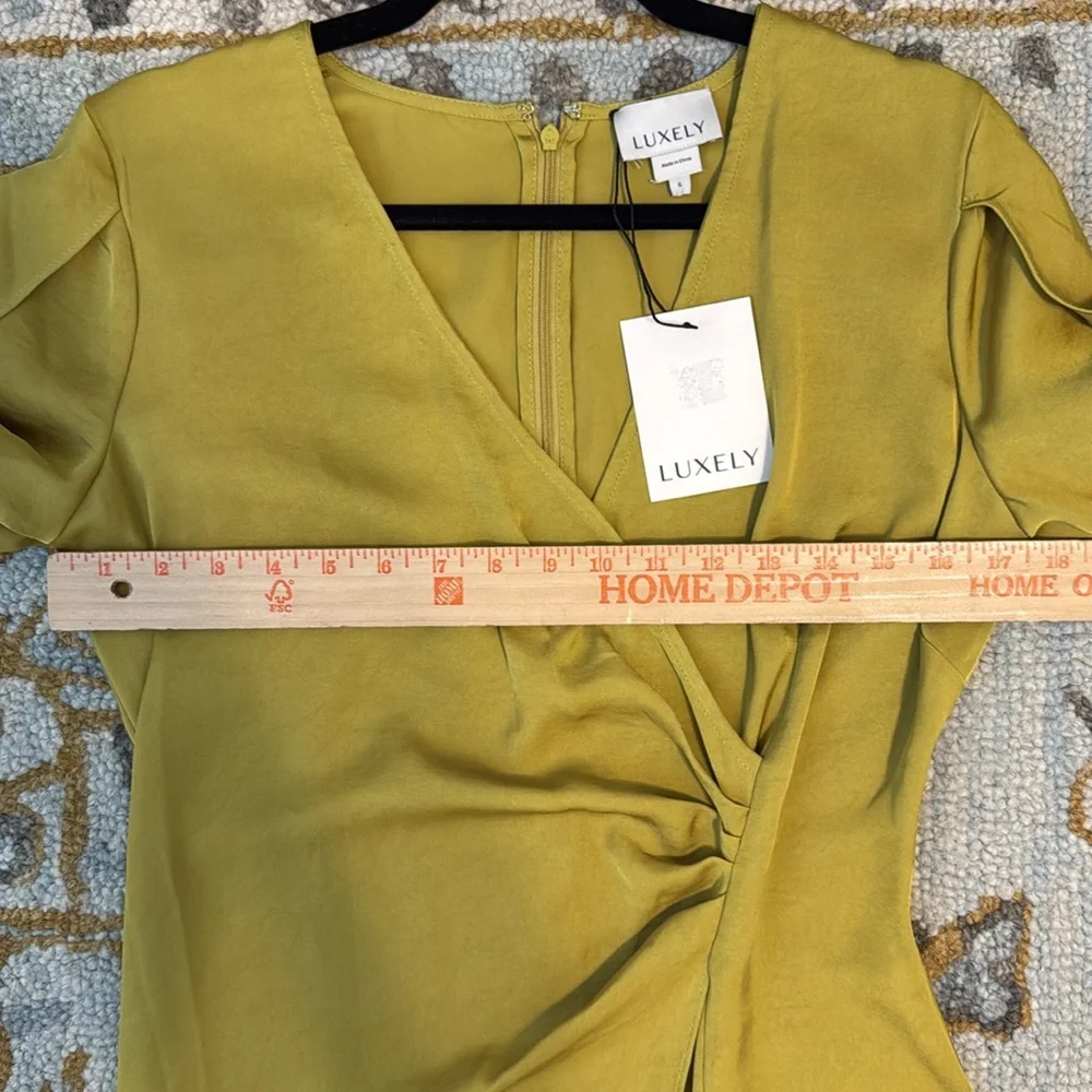 NEW Luxely Pleated Silky Chartreuse Wrap-Style Dress - Picture 7 of 8